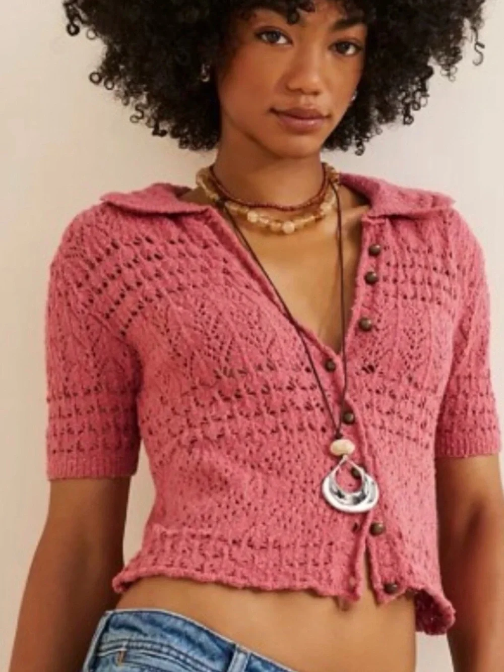 Free People Daylight Cropped Cardigan Faded Rose Open Knit Boho XL